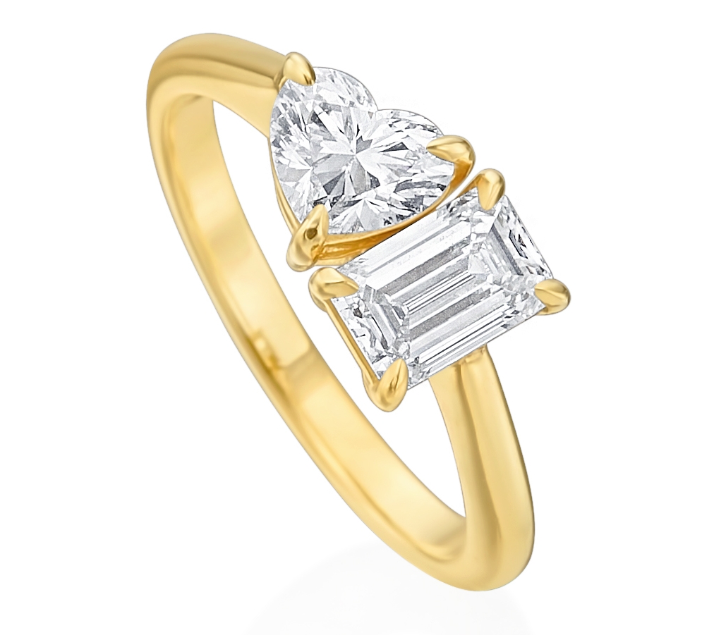 KORMAN SIGNATURE COLLECTION TOI ET MOI RING WITH EMERALD CUT AND HEART DIAMOND